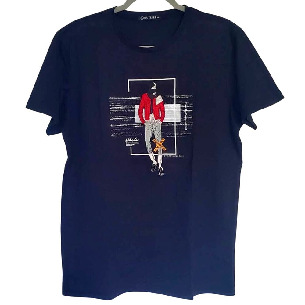 Men's Outlier Black Streetwear T-Shirt Nikolai Walk Night Embroidered Tee M/L